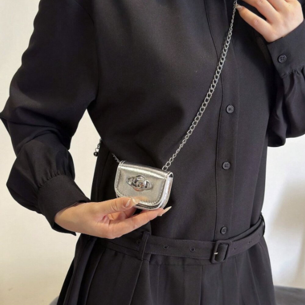 Mini Glossy Silver Patent Leather Crossbody Bag – W/Saturn Planet Detail